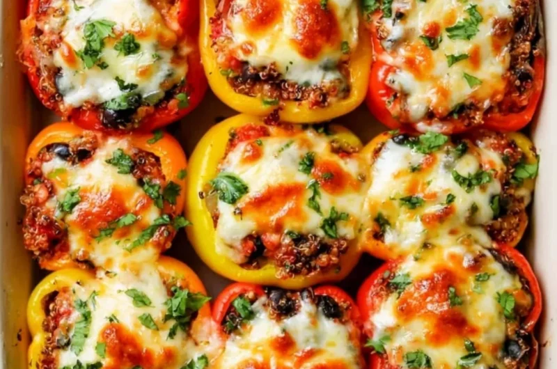 Cheesy Mexican-inspired vegetarian stuffed peppers garnished with herbs