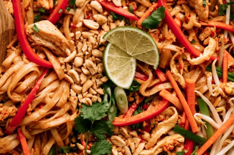Delicious Chicken Pad Thai with noodles, chicken, and fresh vegetables