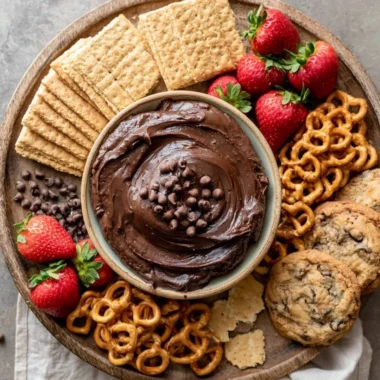 Cozy brownie batter dip served in a bowl with chocolate chips