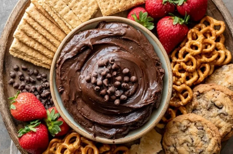Cozy brownie batter dip served in a bowl with chocolate chips