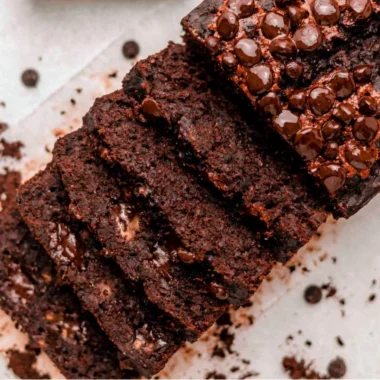 Deliciously moist double chocolate banana bread with chocolate chips and ripe bananas