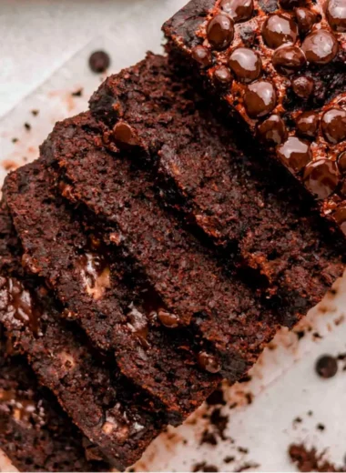 Deliciously moist double chocolate banana bread with chocolate chips and ripe bananas