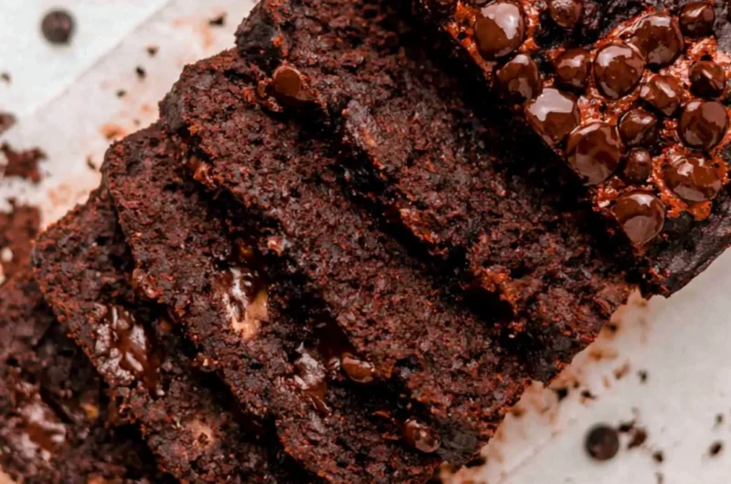 Deliciously moist double chocolate banana bread with chocolate chips and ripe bananas
