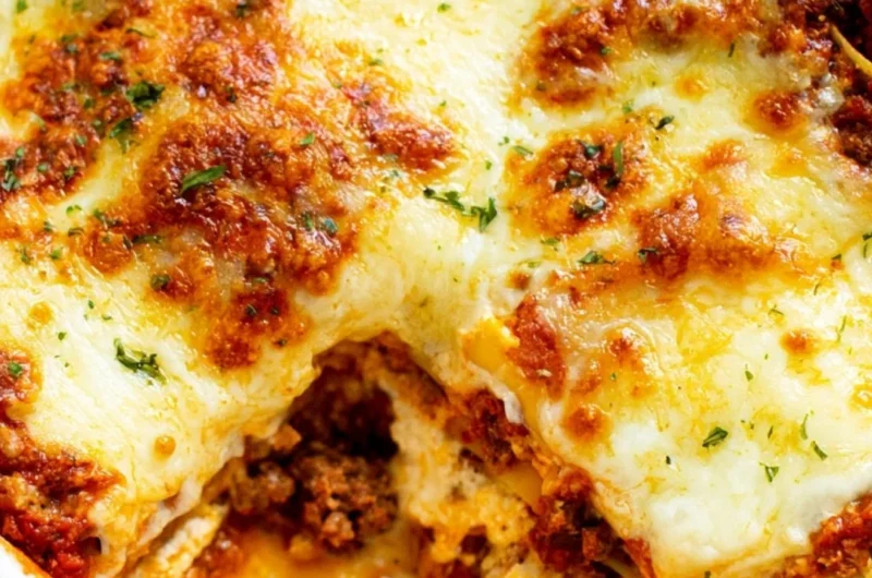 Cozy Easy Lasagna topped with melted cheese and fresh herbs on a baking dish.