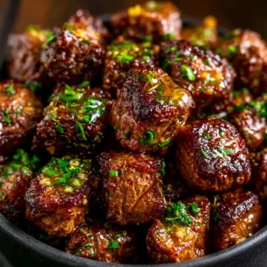 Cozy garlic butter steak bites served on a plate with herbs.