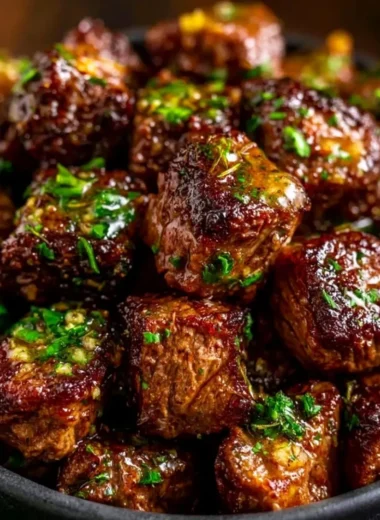 Cozy garlic butter steak bites served on a plate with herbs.