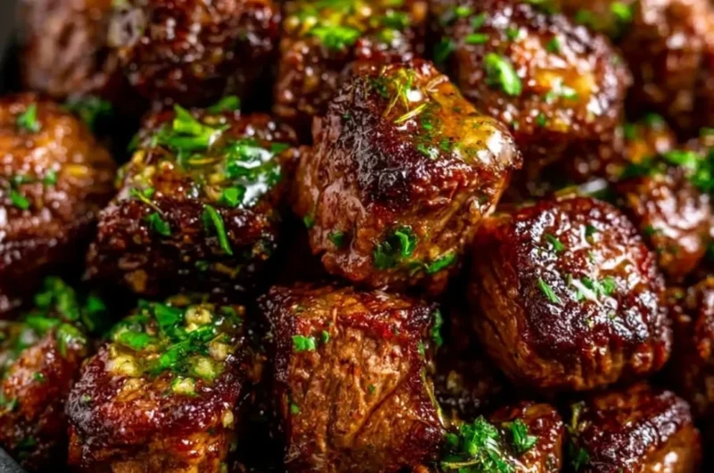 Cozy garlic butter steak bites served on a plate with herbs.