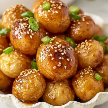 Cozy Korean braised potatoes in a bowl, garnished with green onions.