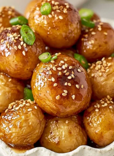 Cozy Korean braised potatoes in a bowl, garnished with green onions.