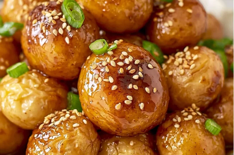 Cozy Korean braised potatoes in a bowl, garnished with green onions.