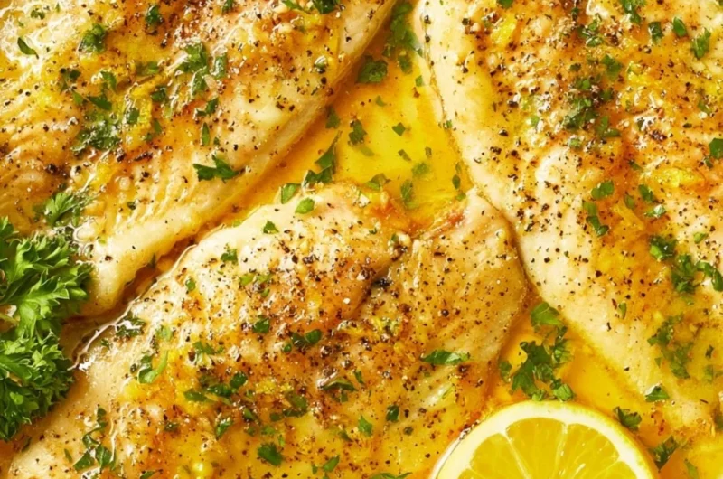 Cozy oven baked tilapia dish served with fresh herbs and lemon