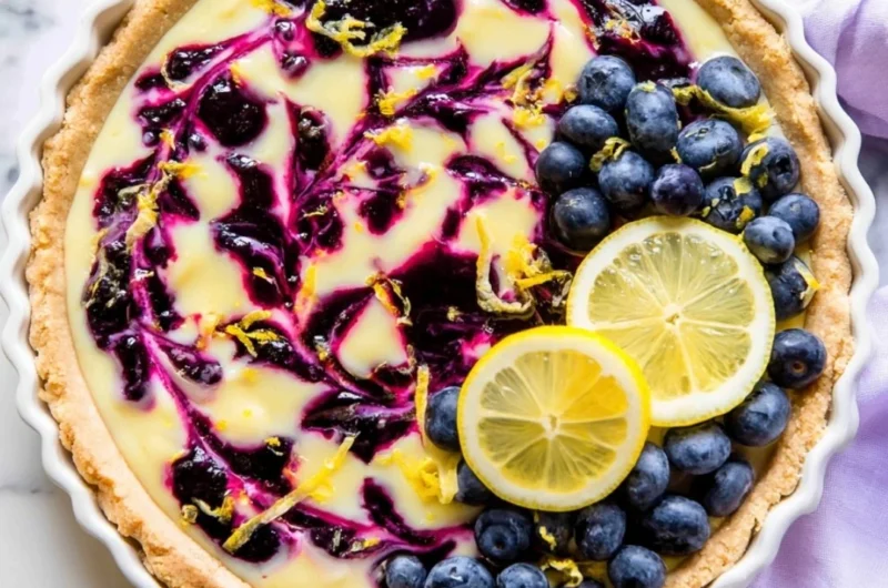 Creamy lemon tart topped with blueberry sauce on a white plate