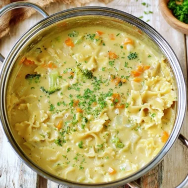 Bowl of creamy vegan pasta soup with fresh vegetables and herbs