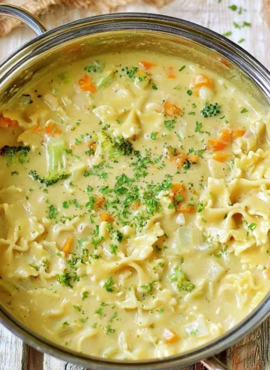 Bowl of creamy vegan pasta soup with fresh vegetables and herbs