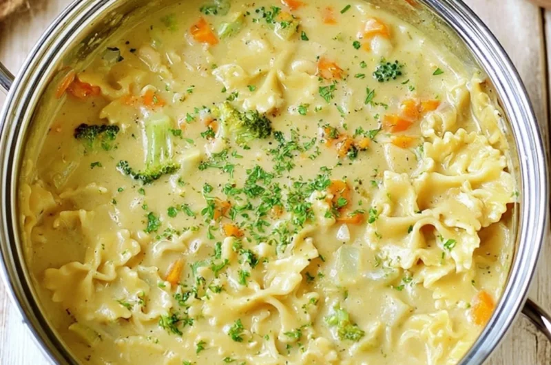 Bowl of creamy vegan pasta soup with fresh vegetables and herbs