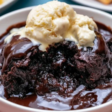 Delicious Crockpot pudding brownies in a dish, topped with chocolate drizzle.