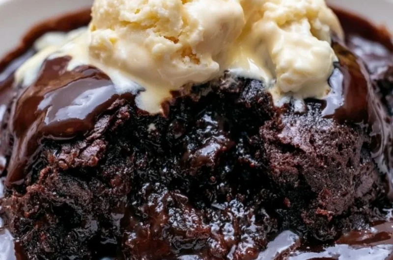Delicious Crockpot pudding brownies in a dish, topped with chocolate drizzle.