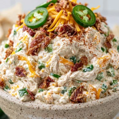 Jalapeño Popper Keto Chicken Salad garnished with herbs and jalapeños