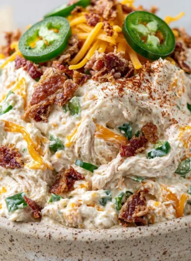Jalapeño Popper Keto Chicken Salad garnished with herbs and jalapeños