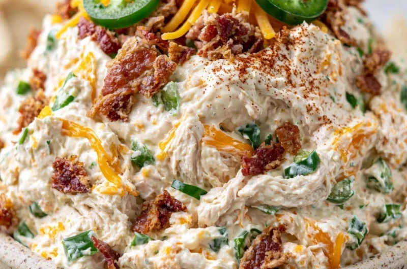 Jalapeño Popper Keto Chicken Salad garnished with herbs and jalapeños