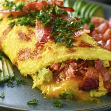 Keto avocado and bacon stuffed omelette served on a plate