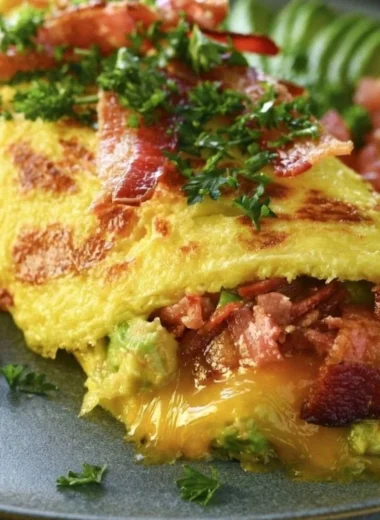 Keto avocado and bacon stuffed omelette served on a plate