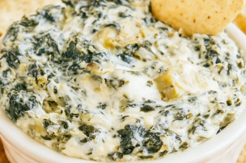 Creamy slow cooker spinach artichoke dip served with tortilla chips