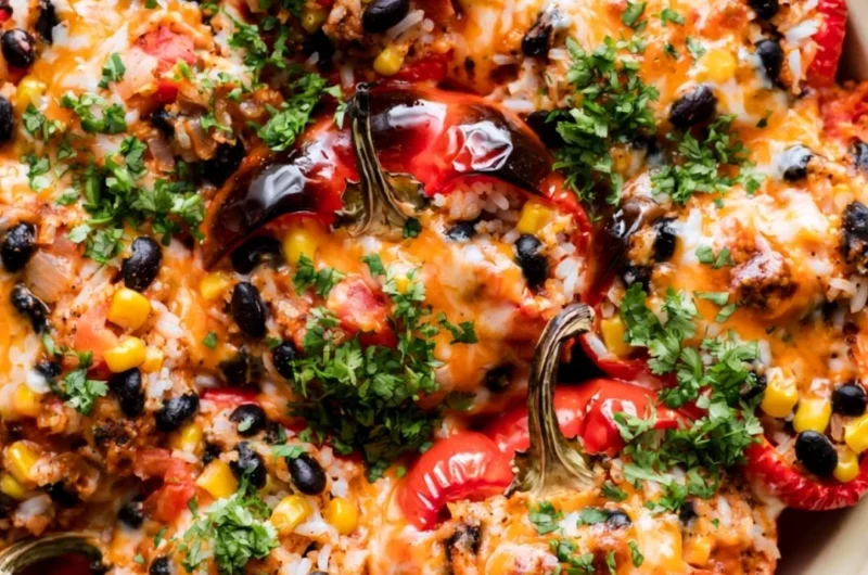 Plate of colorful vegetarian stuffed peppers filled with grains and vegetables