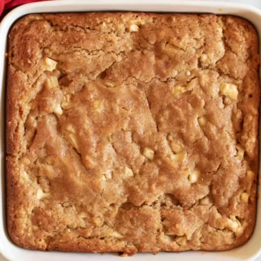 Slice of homemade Amish Apple Cake with apples and cinnamon on a wooden table