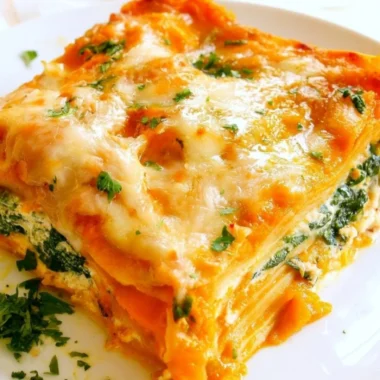 Delicious cozy vegetarian pumpkin spinach lasagna served in a baking dish