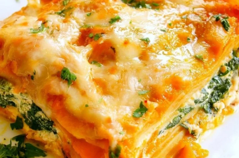 Delicious cozy vegetarian pumpkin spinach lasagna served in a baking dish