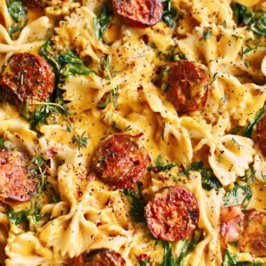Creamy acorn squash pasta with sausage and spinach served in a bowl