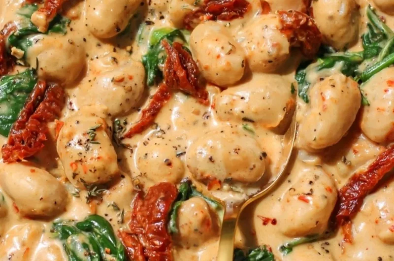 Creamy sundried tomato white beans in a bowl, a flavorful one-pot dish