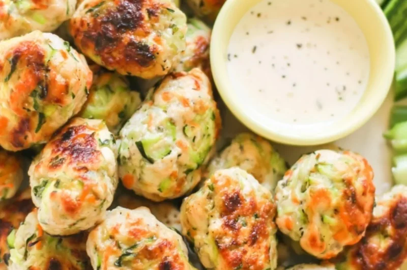 Kid-friendly veggie chicken nuggets on a plate with dipping sauce