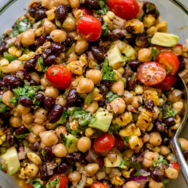 Delicious Southwest Chickpea Black Bean Salad with vibrant vegetables and beans