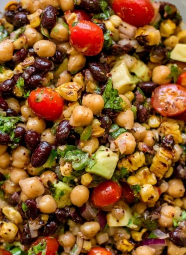 Delicious Southwest Chickpea Black Bean Salad with vibrant vegetables and beans