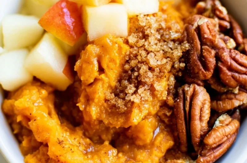 Sweet potato breakfast bowl topped with pecans and apples, a nutritious start to the day.